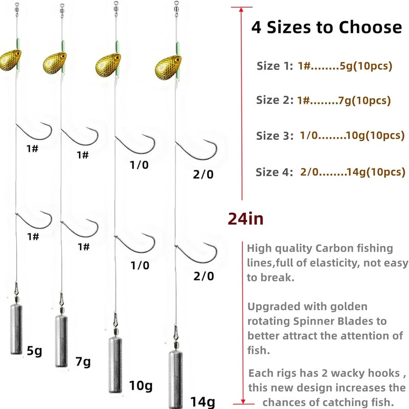 DAMIDEL 10Pcs Drop Shot Ready Rigs Kit with 2 Fishing Wacky Hooks,No Snag Skinny Sinker(1/2oz,3/8oz,1/4oz.1/5oz.), Spinner Blades， Fishing Bass Rig Cylinder Saltwater Freshwater - Image 2